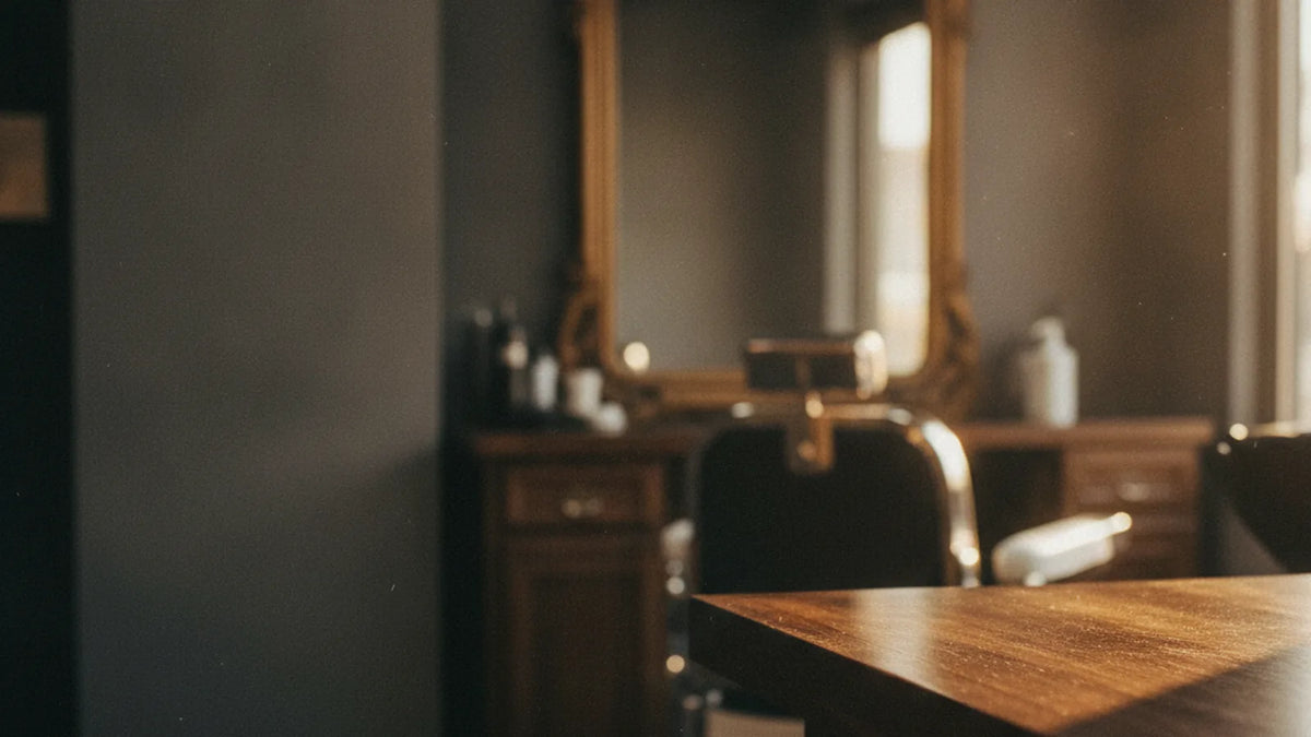 Interior de barbería con luz cálida — ambiente de marca Captain Rabbit